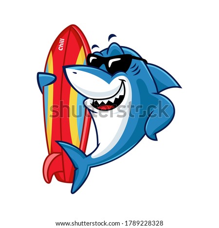 Vector mascot, cartoon, and illustration of a shark  wearing sunglasses and holding surfing board