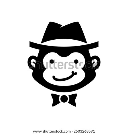 Monkey with hat and bow tie logo icon mascot character illustration black and white vector design.