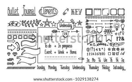 Bullet journal hand drawn elements for notebook, diary. Cute Hand drawn Doodle Banners isolated on white. Numbers and days of week: Sunday, Monday, Tuesday, Wednesday, Thursday, Friday, Saturday.