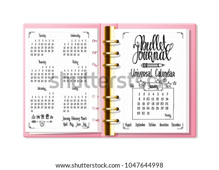 Bullet journal universal calendar. Hand written calendar, names of months and days of week. Bullet journal lettering. Pink bullet journal, notebook, diary top view mock up. 