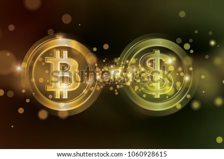 Exchange bitcoins for USD. Bitcoin sale for dollars. Bitcoin sale rate. Bitcoin and dollar coin with blurred gold star dust background. Blockchain and cryptocurrency economy vector illustration.