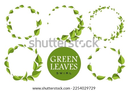Green flying leaves round frame set. Foliage wreath. Fresh Tea Leaves Circle border.