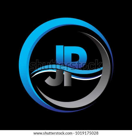 initial letter logo JP company name blue and grey color on circle and swoosh design. vector logotype for business and company identity.