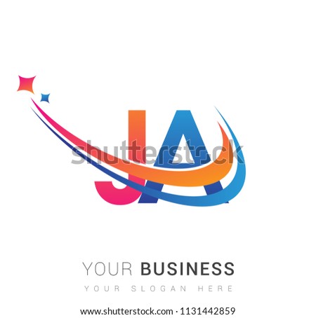 initial letter JA logotype company name colored orange, red and blue swoosh star design. vector logo for business and company identity.