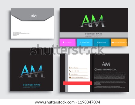 Clean and simple modern Business Card Template, with initial letter AM logotype company name colored blue and green swoosh design. Vector sets for business identity, Stationery Design.