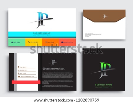 Clean and simple modern Business Card Template, with initial letter JP logotype company name colored blue and green swoosh design. Vector sets for business identity, Stationery Design.