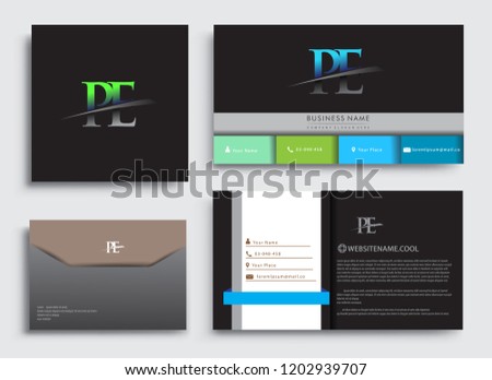 Clean and simple modern Business Card Template, with initial letter PE logotype company name colored blue and green swoosh design. Vector sets for business identity, Stationery Design.