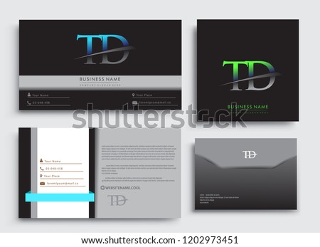 Clean and simple modern Business Card Template, with initial letter TD logotype company name colored blue and green swoosh design. Vector sets for business identity, Stationery Design.