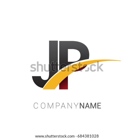 initial letter JP logotype company name colored red, black and yellow swoosh design. isolated on white background.
