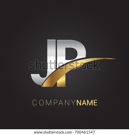 initial letter JP logotype company name colored gold and silver swoosh design. isolated on black background.