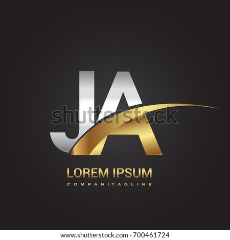 initial letter JA logotype company name colored gold and silver swoosh design. isolated on black background.