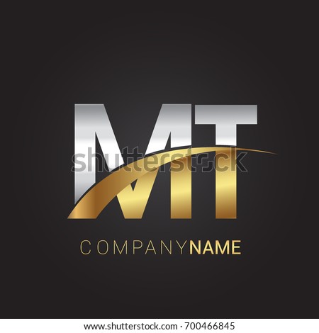 initial letter MT logotype company name colored gold and silver swoosh design. isolated on black background.