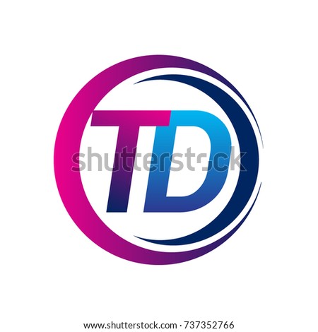 initial letter logo TD company name blue and magenta color on circle and swoosh design. vector logotype for business and company identity.