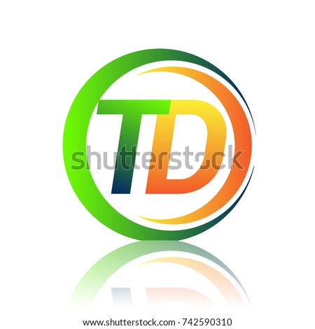 initial letter logo TD company name green and orange color on circle and swoosh design. vector logotype for business and company identity.