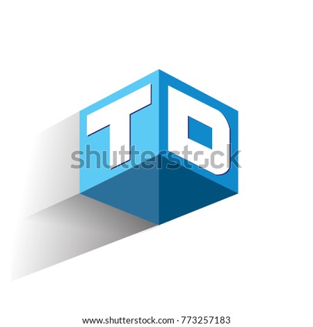 Letter TD logo in hexagon shape and blue background, cube logo with letter design for company identity.
