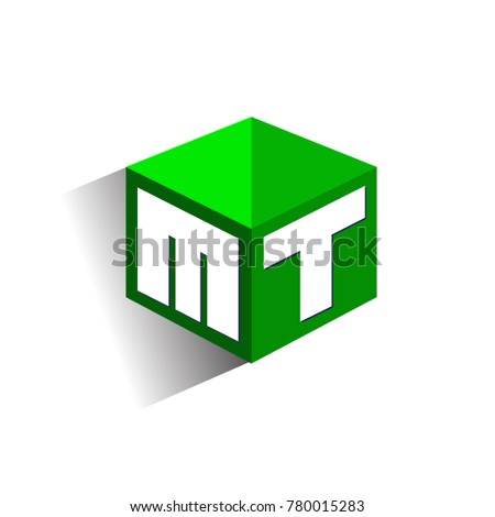 Letter MT logo in hexagon shape and green background, cube logo with letter design for company identity.
