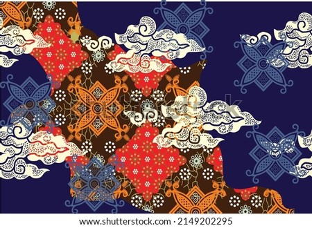 Motif Mega Mendung, batik motif typical of West Java Indonesia, curved line pattern with cloud objects, with developments and various artistic colors