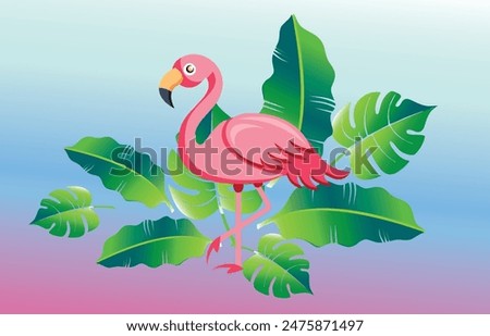 Flamingo vector icon, cartoon pink tropical bird, summer animals set, cute zoo characters background. Exotic fauna illustration