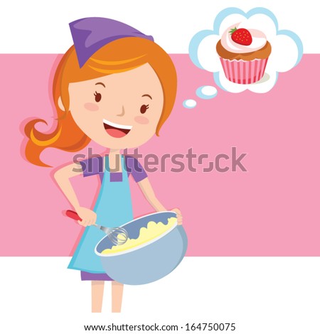 Girl Baking Cupcake. Vector Illustration Of A Pretty Girl Is Mixing ...