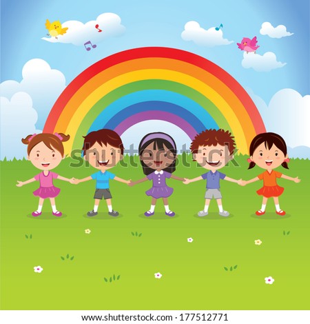 Diverse Children Under The Rainbow. Vector Illustration Of Happy Kids ...