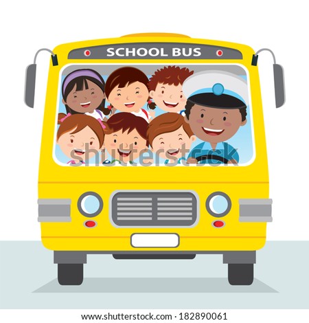 Cheerful School Bus Driver And Children. Vector Illustration Of A ...