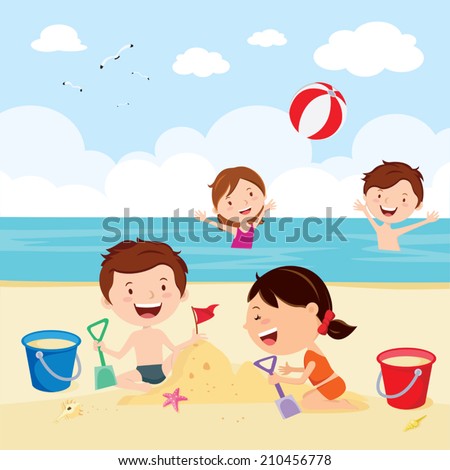 Cartoon children summer beach vector Free Vector / 4Vector