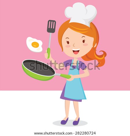 Young Girl Frying Egg. Beautiful Woman Holding Spatula And Flipping Egg ...