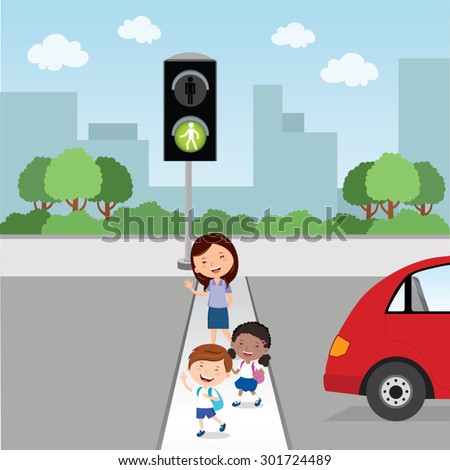 Crossing The Road. Green Light. Teacher And School Kids Crossing The ...