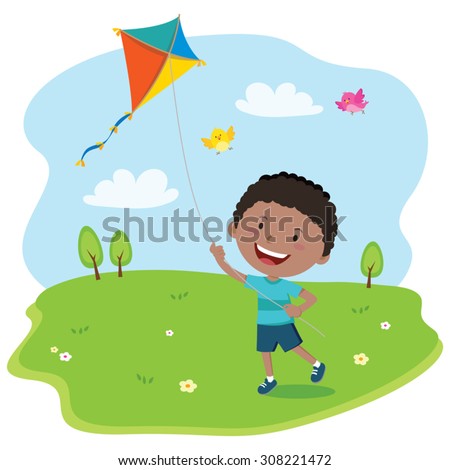 Boy playing kite. Vector illustration of a cheerful boy enjoying flying kite.