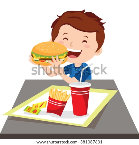 Boy eating fast food. Vector illustration of a little boy eating hamburger.