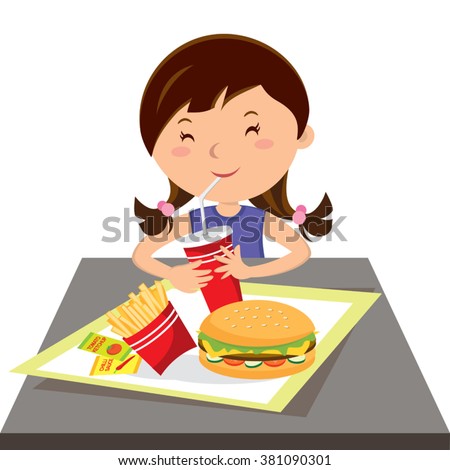 Girl eating fast food. Vector illustration of a little girl drinking soft drink.