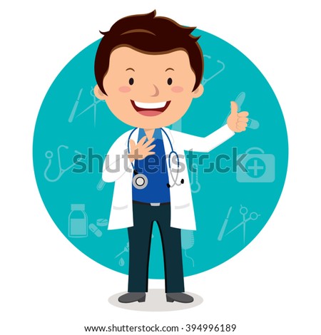 Cheerful male doctor. Vector illustration of a smiling doctor with medical icons background.
