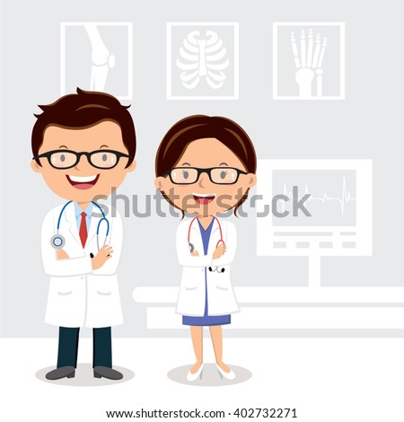 Young professional doctors. Vector illustration of doctors with medical background.