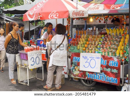 Bangkok - circa June 2014- a fruit smoothie stand has various kinds of fruits with very low price. This is one kind of food stall for selling to tourists and shoppers who visit JJ market, Bangkok, Thailand