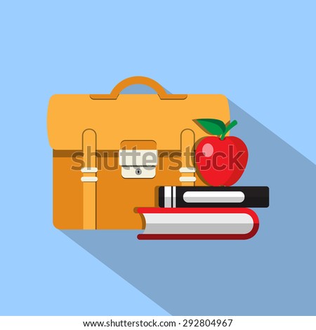 Briefcase and Stack of Books with Apple Vector Flat Icon