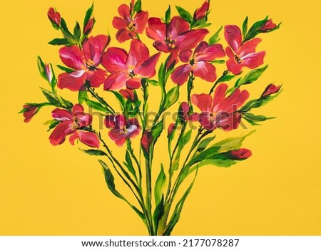 drawing flowers on a green background. Oil painting, Acrylic.impressionistic style, flower painting, bright colors. Artistic background. Postcard. Flower card. Spring flowers Foto d'archivio © 