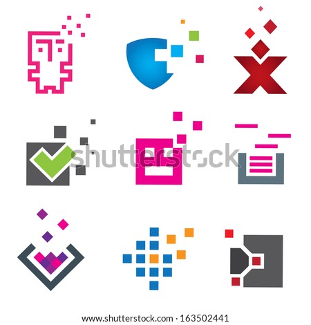 Pixel computer programming logo and internet protection icon set template