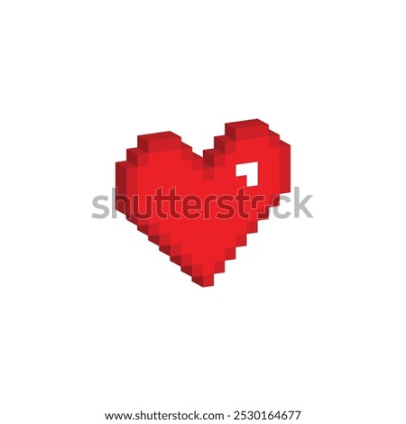 Isometric 3d pixel heart icon. Vector pixel art love 8 bit logo for game