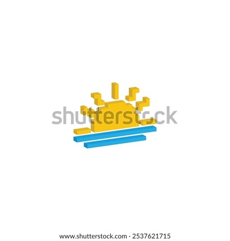 isometric pixel sunset icon. Vector pixel art sunrise sun 8 bit logo for game