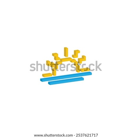 isometric pixel sunset icon. Vector pixel art sunrise sun 8 bit logo for game