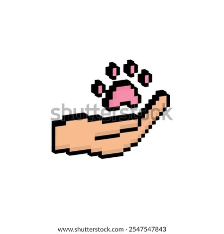 isometric isometric pixel hand holds paw cat or dog icon. Vector pixel art cat dog paw 8 bit logo for game