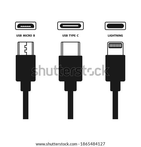 USB Micro cables Connectors and sockets for PC and mobile devices. Computer peripherals connector or smartphone recharge supply, simple design flat  icon  isolated on white background. 