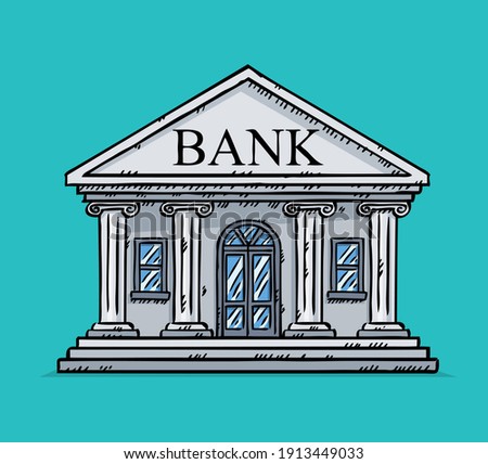 Colorful, doodle style vector illustration of bank. Hand drawn vector illustration of online banking.