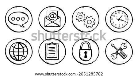Hand drawn vector icons set of business theme. Sketch style black and white icons illustrations isolated on transparent background.