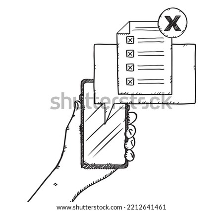 Doodle of hand holding a phone with checklist and wrong check marks showing on mobile screen. Hand is holding a phone. Sketch style vector file.