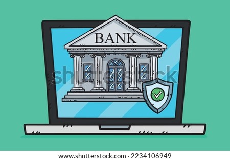 A graphic showing a laptop along with an online bank on the laptop screen, protected by an antivirus. The bank is protected by a shield with a green checkmark.