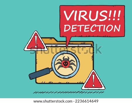 An isolated graphic of a folder and with a computer virus detected in it. The graphic featured a cloud warning of the threat. Vector hand drawn illustration.