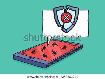 Doodle style illustration of computer bugs on mobile phone with broken antivirus shield. Virus infected mobile phone. Sketch style vector.