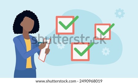 Woman at work taking notes in a notebook. Next to it there are filled checklist squares. Vector graphics in flat style.