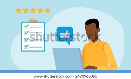 Flat design vector. An employee is working on a laptop with a thumbs up in cloud. A website in the background with a completed checklist. The checklist is completed correctly. 5 stars feedback.